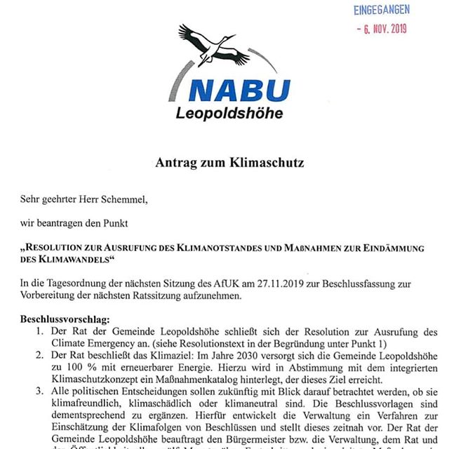 NABU Leopoldshöhe fordert Ausruf des Klimanotstands